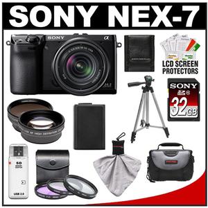 Sony Alpha NEX-7 Digital Camera Body & E 18-55mm OSS Lens (Black) with Sony 32GB Card + Battery + 3 Filters + Case + Tripod + Tele/ Wide-Angle Lens Kit - Digital Cameras and Accessories - Hip Lens.com