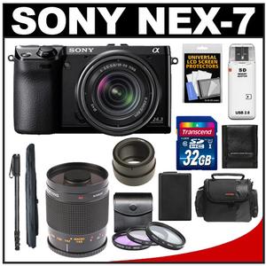 Sony Alpha NEX-7 Digital Camera Body & E 18-55mm OSS Lens (Black) with 500mm Mirror Lens + 32GB Card + Filters + Case + Battery + Monopod + Accessory Kit - Digital Cameras and Accessories - Hip Lens.com