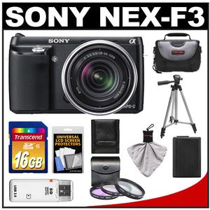 Sony Alpha NEX-F3 Digital Camera Body & E 18-55mm OSS Lens (Black) with 16GB Card + Case + Battery + Tripod + 3 (UV/FLD/PL) Filters + Accessory Kit - Digital Cameras and Accessories - Hip Lens.com