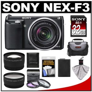 Sony Alpha NEX-F3 Digital Camera Body & E 18-55mm OSS Lens (Black) with 32GB Card + Case + Battery + 3 (UV/FLD/PL) Filters + Telephoto & Wide-Angle Lens Kit - Digital Cameras and Accessories - Hip Lens.com