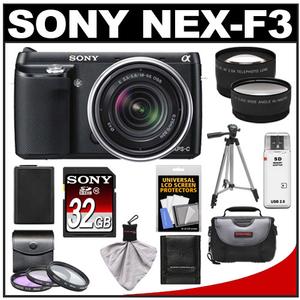 Sony Alpha NEX-F3 Digital Camera Body & E 18-55mm OSS Lens (Black) with 32GB Card + Case + Battery + Tripod + 3 Filters + Telephoto & Wide-Angle Lens Kit - Digital Cameras and Accessories - Hip Lens.com