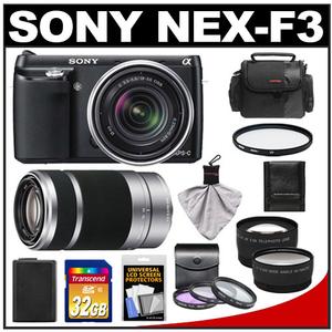 Sony Alpha NEX-F3 Digital Camera Body & E 18-55mm OSS Lens (Black) with 55-210mm Lens + 32GB Card + Case + Battery + 4 Filters + Tele & Wide-Angle Lens Kit - Digital Cameras and Accessories - Hip Lens.com
