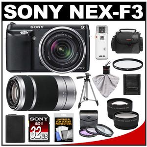 Sony Alpha NEX-F3 Digital Camera Body & E 18-55mm OSS Lens (Black) with 55-210mm Lens + 32GB Card + Case + Battery + Tripod + Telephoto & Wide-Angle Lens Kit - Digital Cameras and Accessories - Hip Lens.com