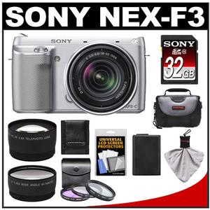 Sony Alpha NEX-F3 Digital Camera Body & E 18-55mm OSS Lens (Silver) with 32GB Card + Case + Battery + 3 (UV/FLD/PL) Filters + Telephoto & Wide-Angle Lens Kit - Digital Cameras and Accessories - Hip Lens.com