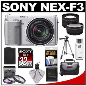 Sony Alpha NEX-F3 Digital Camera Body & E 18-55mm OSS Lens (Silver) with 32GB Card + Case + Battery + Tripod + 3 Filters + Telephoto & Wide-Angle Lens Kit - Digital Cameras and Accessories - Hip Lens.com