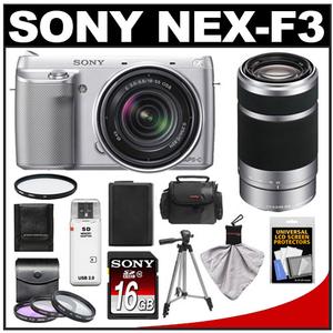 Sony Alpha NEX-F3 Digital Camera Body & E 18-55mm OSS Lens (Silver) with 55-210mm Lens + 16GB Card + Case + Battery + Tripod + 4 Filters + Accessory Kit - Digital Cameras and Accessories - Hip Lens.com