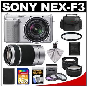 Sony Alpha NEX-F3 Digital Camera Body & E 18-55mm OSS Lens (Silver) with 55-210mm Lens + 32GB Card + Case + Battery + 4 Filters + Tele & Wide-Angle Lens Kit - Digital Cameras and Accessories - Hip Lens.com