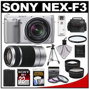 Sony Alpha NEX-F3 Digital Camera Body & E 18-55mm OSS Lens (Silver) with 55-210mm Lens + 32GB Card + Case + Battery + Tripod + Telephoto & Wide-Angle Lens Kit - Digital Cameras and Accessories - Hip Lens.com
