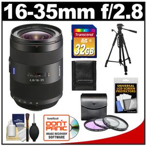 Sony Alpha 16-35mm f/2.8 DT ZA SSM Vario-Sonnar T* Zoom Lens with 32GB Card + 3 (UV/FLD/PL) Filters + Tripod + Accessory Kit - Digital Cameras and Accessories - Hip Lens.com