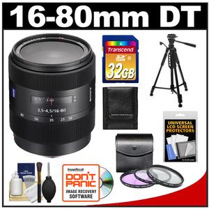 Sony Alpha 16-80mm f/3.5-4.5 DT ZA Vario-Sonnar T* Zoom Lens with 32GB Card + 3 (UV/FLD/PL) Filters + Tripod + Accessory Kit - Digital Cameras and Accessories - Hip Lens.com