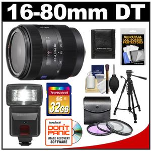 Sony Alpha 16-80mm f/3.5-4.5 DT ZA Vario-Sonnar T* Zoom Lens with 32GB Card + Flash + 3 (UV/FLD/PL) Filters + Tripod + Accessory Kit - Digital Cameras and Accessories - Hip Lens.com