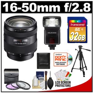 Sony Alpha 16-50mm f/2.8 DT ED Zoom Lens with 32GB SD Card + 3 UV/FLD/CPL Filters + Tripod + Flash + Accessory Kit - Digital Cameras and Accessories - Hip Lens.com