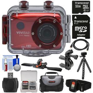 Vivitar DVR786HD 1080p HD Waterproof Action Video Camera Camcorder (Red) with Remote Vented Helmet & Bike Mounts + 32GB Card + Case + Tripod + HDMI Cable + Kit