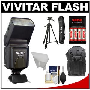 Vivitar Series 1 385HV Professional Auto Aperture & Slave Flash with Batteries/Charger + Backpack + Bounce Reflector + Tripod/Case + Cleaning Kit - Digital Cameras and Accessories - Hip Lens.com