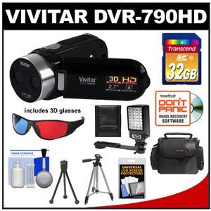 Vivitar DVR-790HD 3D HD Digital Video Camera Camcorder (Black) with 32GB Card + Case + Tripod + LED Light with Bracket + Accessory Kit - Digital Cameras and Accessories - Hip Lens.com